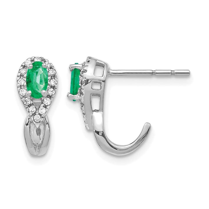 14K White Gold 5x3mm Oval Emerald and Diamond J-Hoop Post Earrings, view 1 of 4