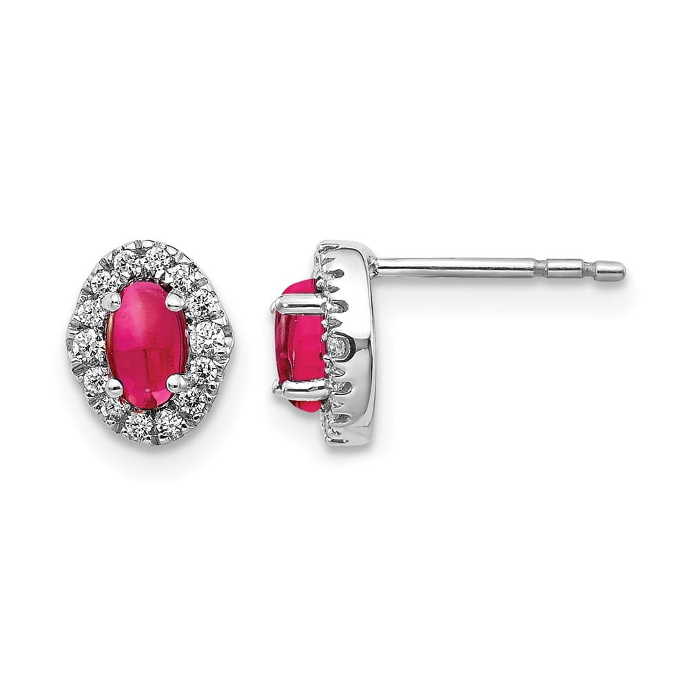 14K White Gold 5x3mm Oval Ruby Cabochon and Diamond Halo Post Earrings, view 1 of 4