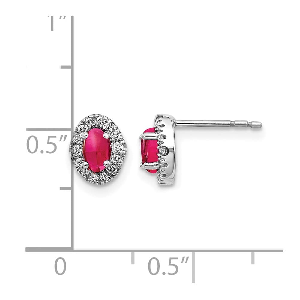 14K White Gold 5x3mm Oval Ruby Cabochon and Diamond Halo Post Earrings, view 4 of 4