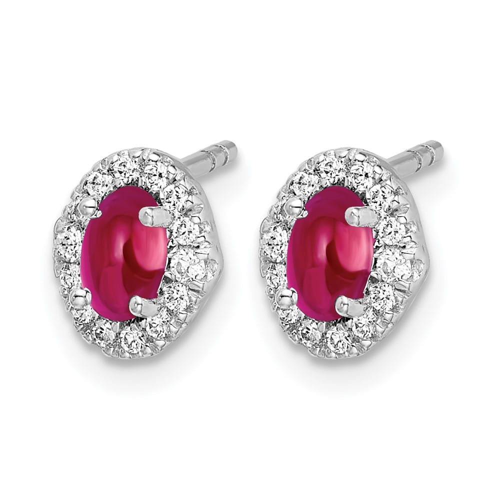 14K White Gold 5x3mm Oval Ruby Cabochon and Diamond Halo Post Earrings, view 2 of 4