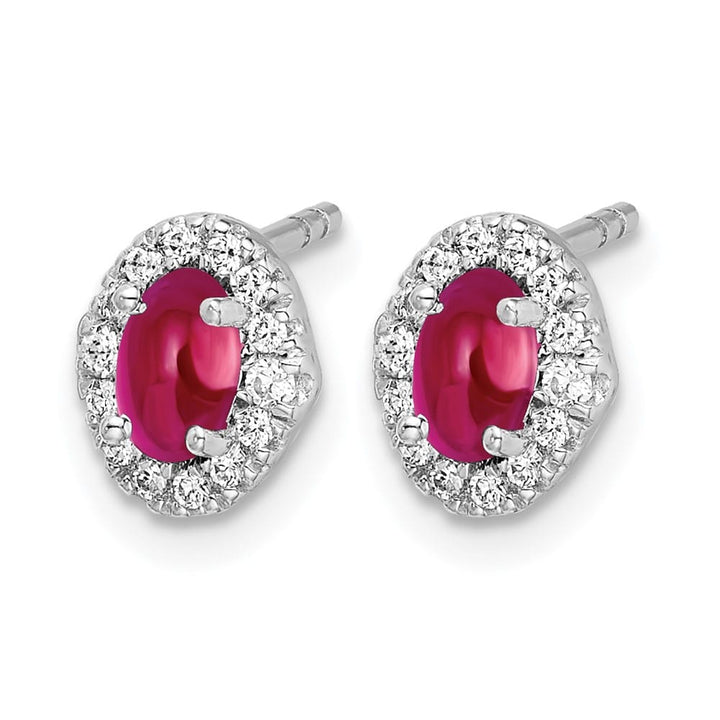 14K White Gold 5x3mm Oval Ruby Cabochon and Diamond Halo Post Earrings, view 2 of 4