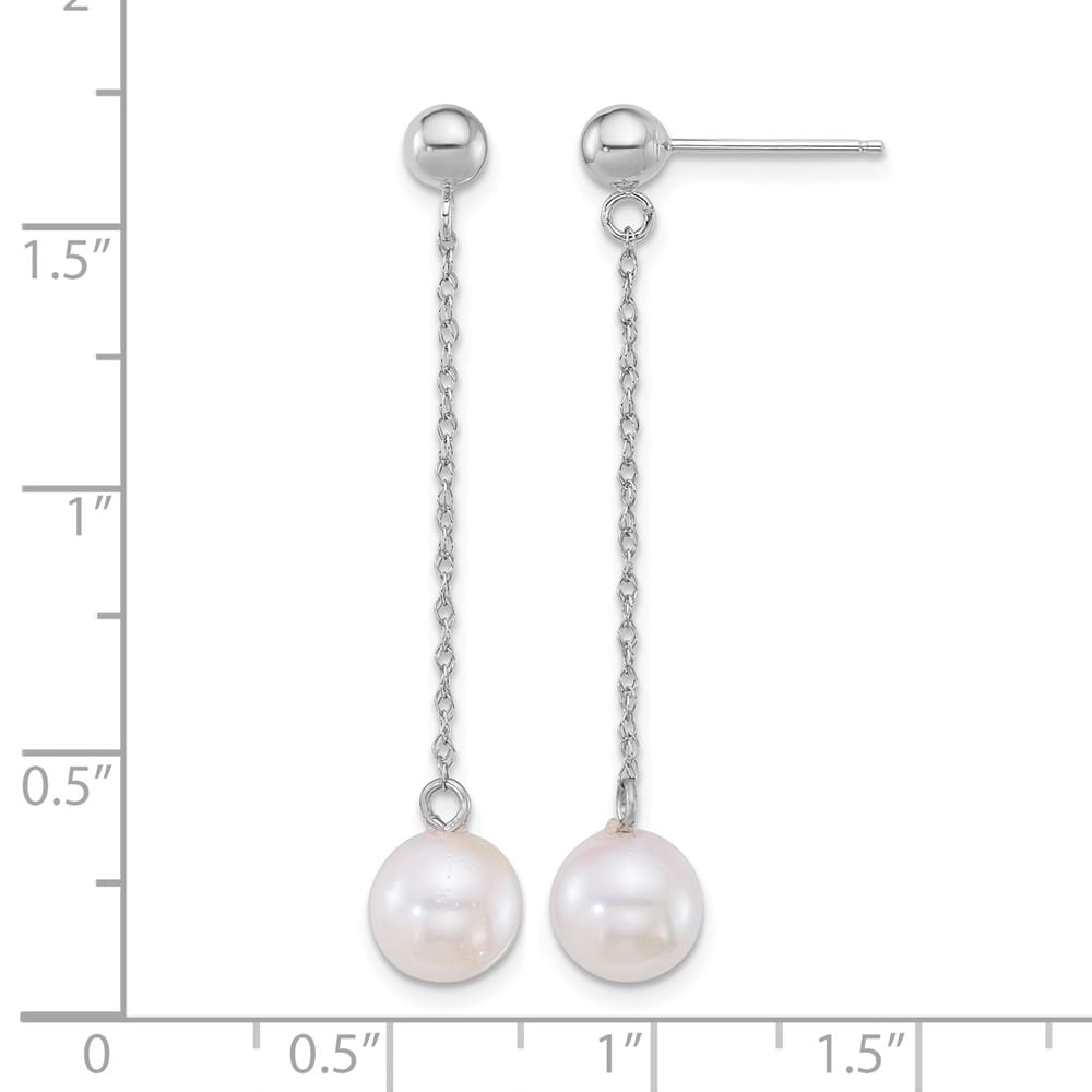 14K White Gold 6.5-7mm White Round Pearl Chain Dangle Post Earrings, view 3 of 3