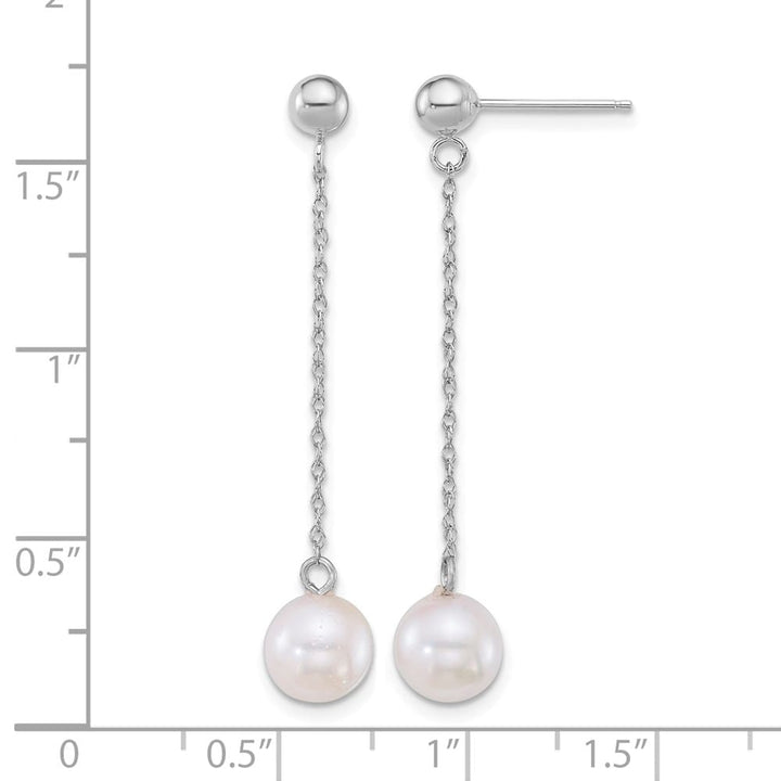 14K White Gold 6.5-7mm White Round Pearl Chain Dangle Post Earrings, view 3 of 3