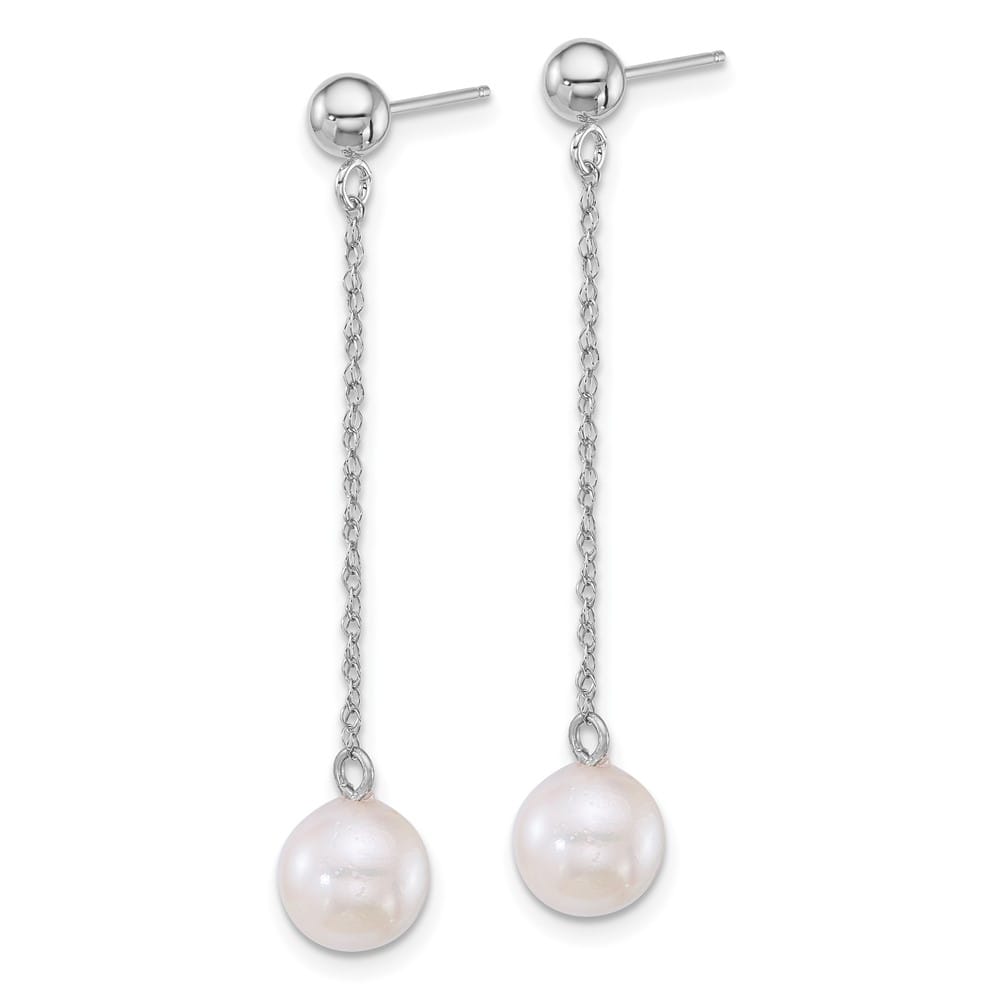 14K White Gold 6.5-7mm White Round Pearl Chain Dangle Post Earrings, view 2 of 3