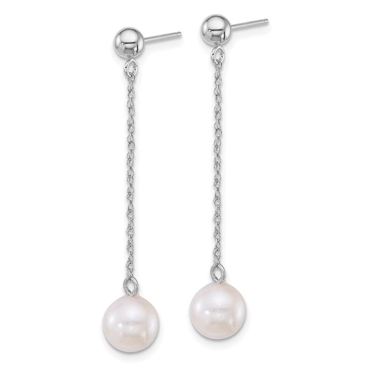 14K White Gold 6.5-7mm White Round Pearl Chain Dangle Post Earrings, view 2 of 3