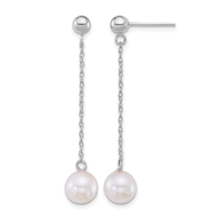 14K White Gold 6.5-7mm White Round Pearl Chain Dangle Post Earrings, view 1 of 3