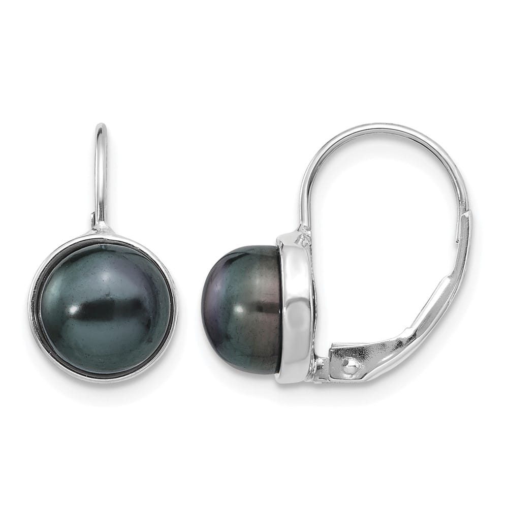 14K White Gold 6-7mm Black Button Freshwater Pearl Leverback Earrings