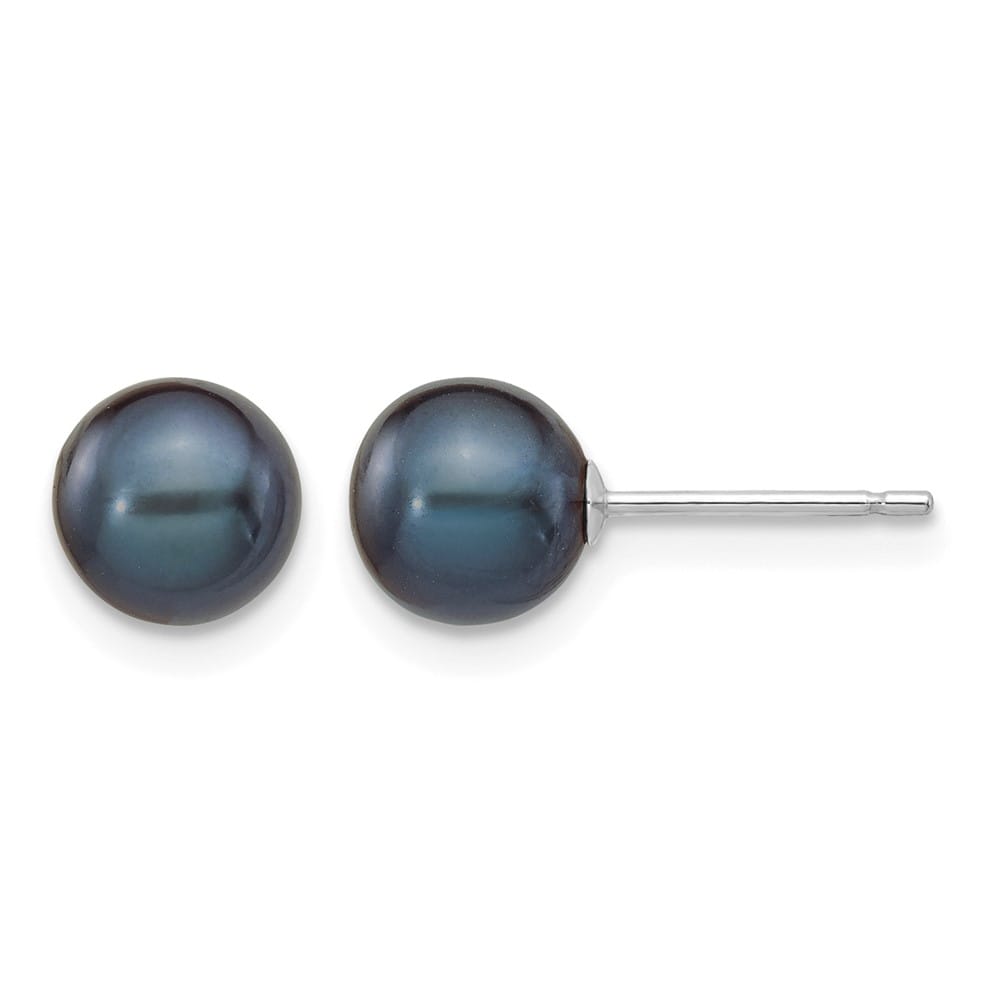 14K White Gold 6-7mm Black Round Freshwater Pearl Stud Post Earrings, view 1 of 4