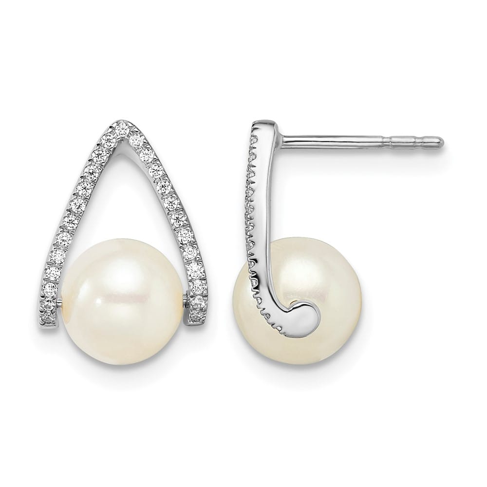 14K White Gold 6-7mm White Button Freshwater Pearl and .15 Earrings