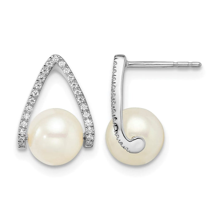 14K White Gold 6-7mm White Button Freshwater Pearl and .15 Earrings