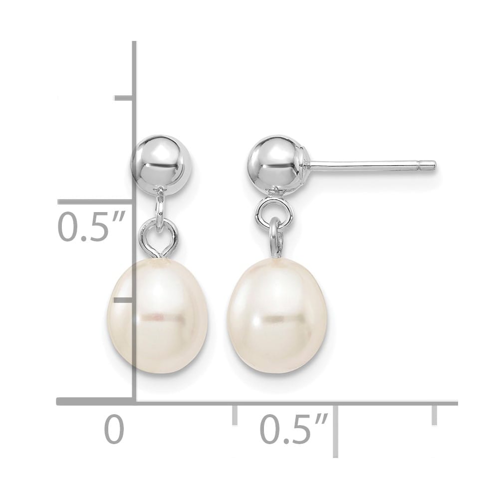 14K White Gold 6-7mm White Rice Freshwater Pearl Post Dangle Earrings