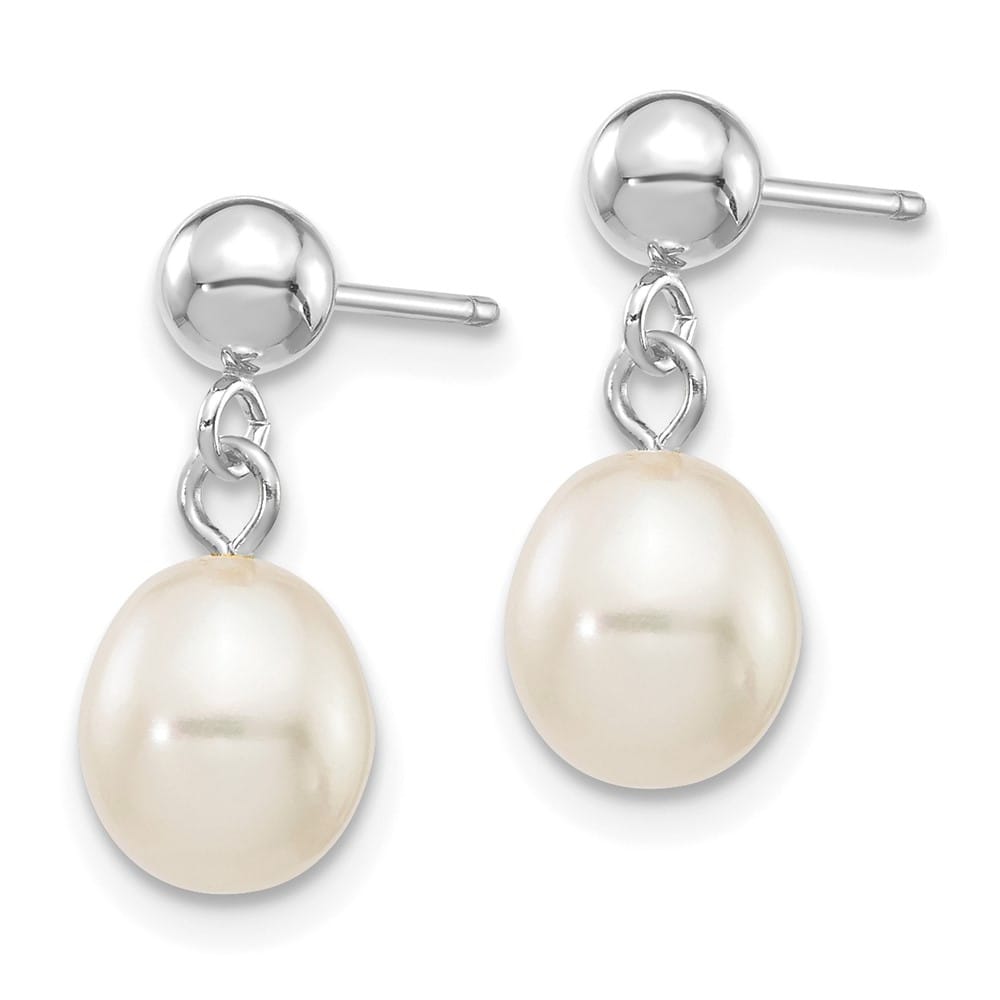 14K White Gold 6-7mm White Rice Freshwater Pearl Post Dangle Earrings