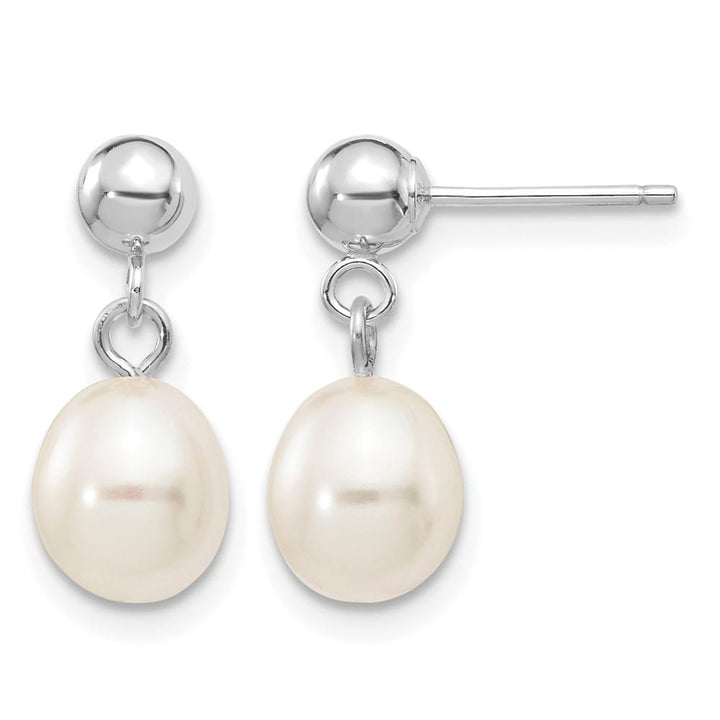 14K White Gold 6-7mm White Rice Freshwater Pearl Post Dangle Earrings