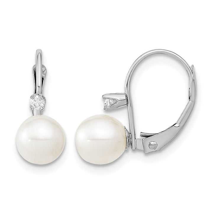 14K White Gold 6-7mm White Round Freshwater Pearl and .06 Earrings