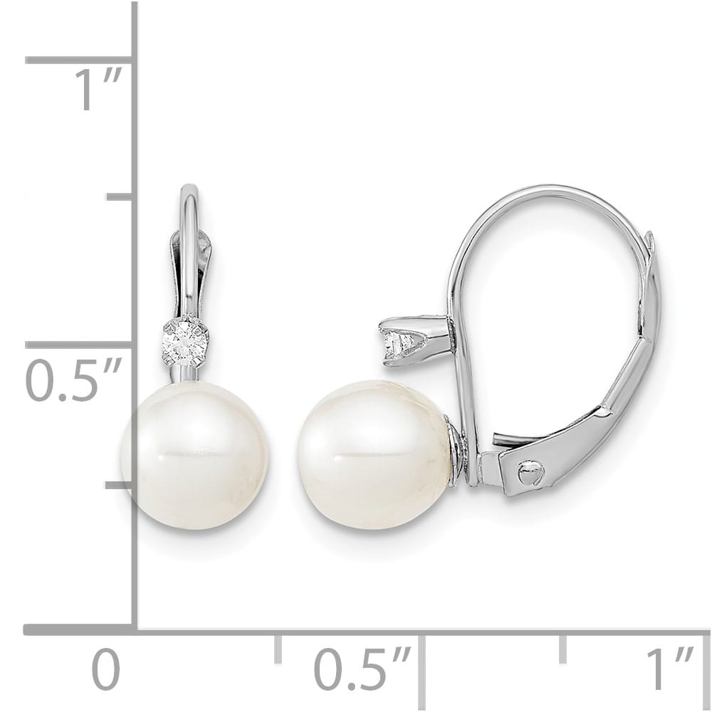 14K White Gold 6-7mm White Round Freshwater Pearl and .06 Earrings