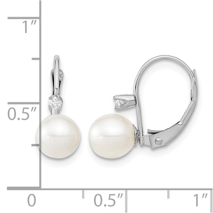 14K White Gold 6-7mm White Round Freshwater Pearl and .06 Earrings
