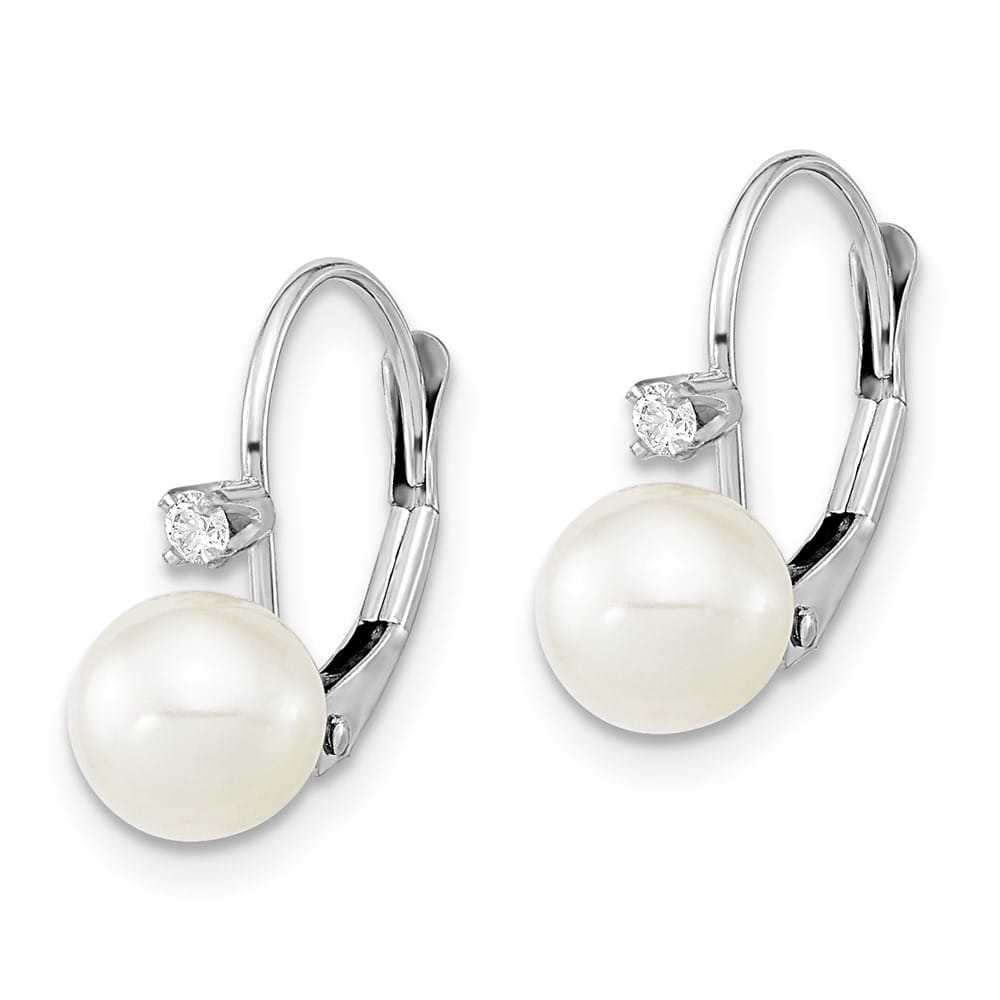 14K White Gold 6-7mm White Round Freshwater Pearl and .06 Earrings
