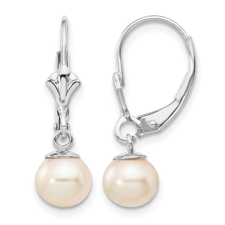 14K White Gold 6-7mm White Round Freshwater Pearl Dangle Earrings