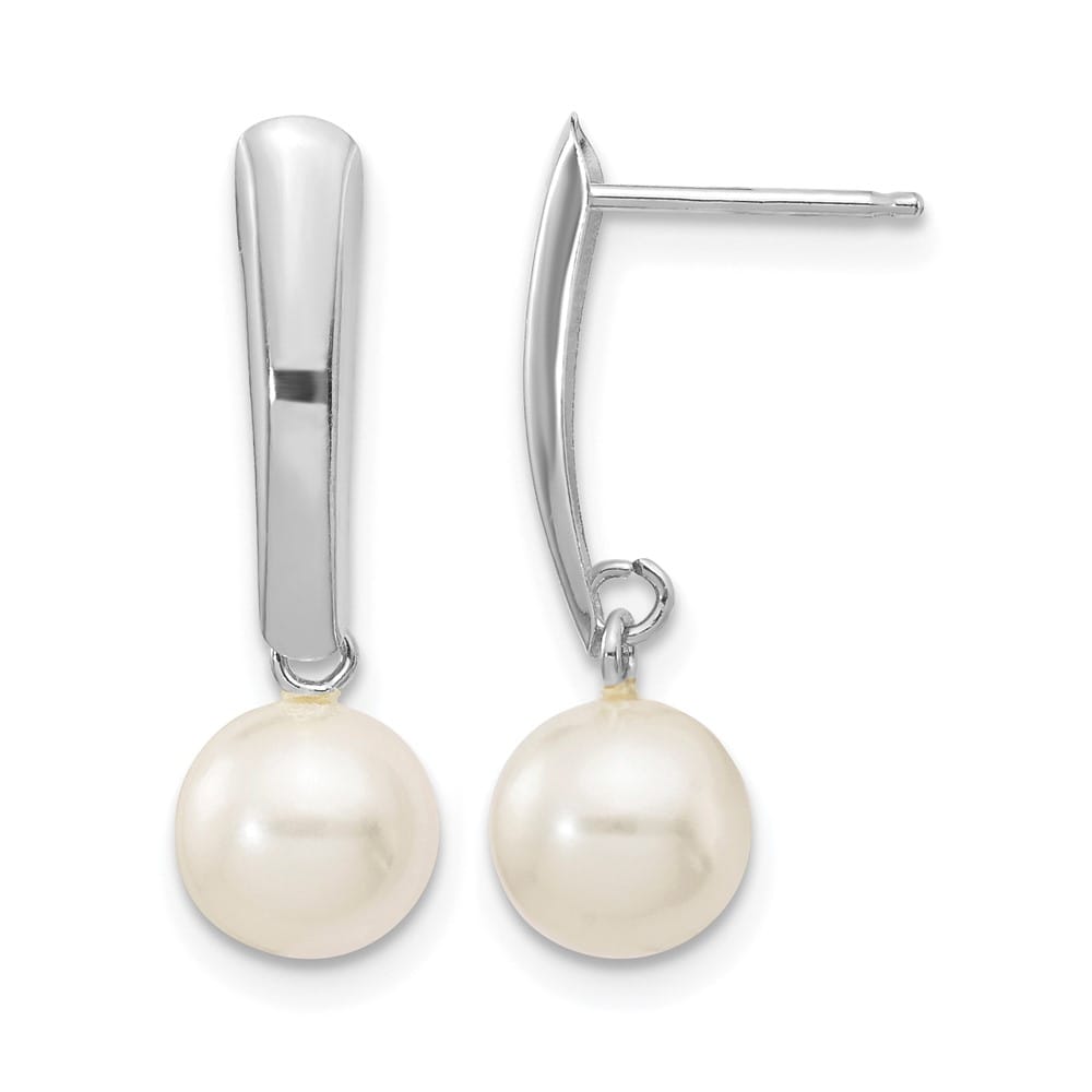 14K White Gold 6-7mm White Round Freshwater Pearl Post Dangle Earrings