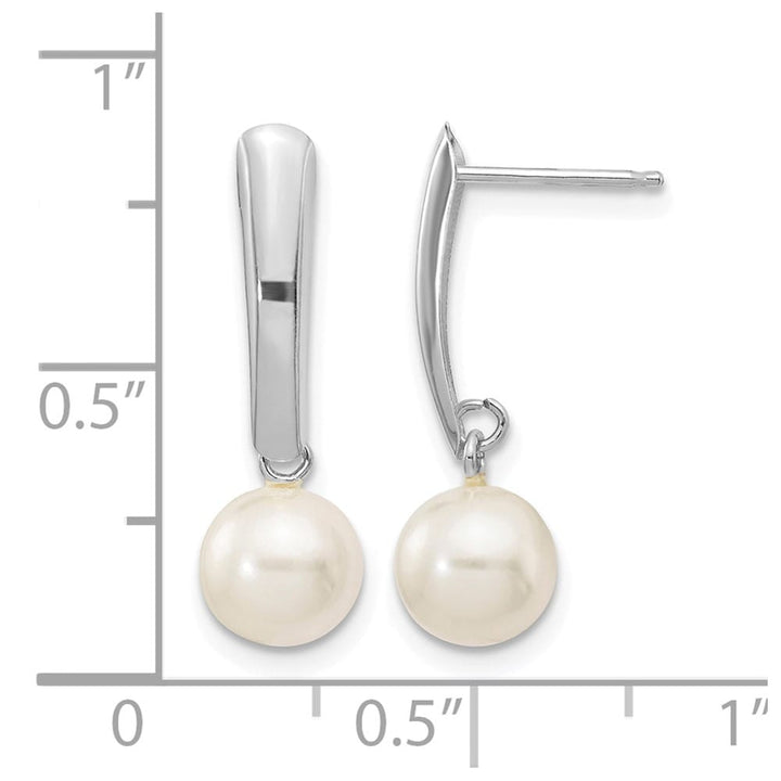 14K White Gold 6-7mm White Round Freshwater Pearl Post Dangle Earrings