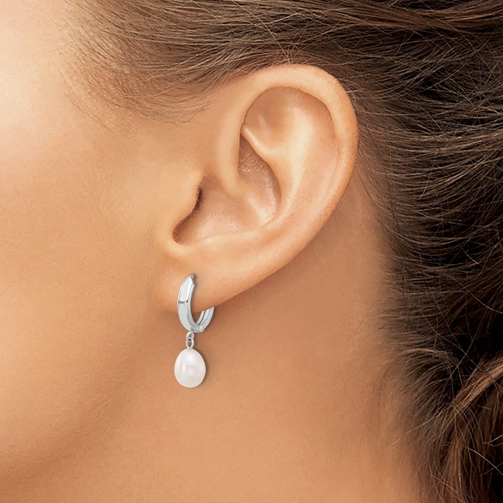 14K White Gold 6-7mm White Teardrop Freshwater Pearl Hoop Earrings