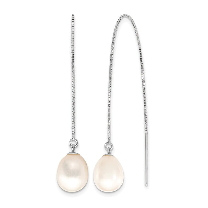 14K White Gold 6-8mm White Teardrop Freshwater Pearl Threader Earrings