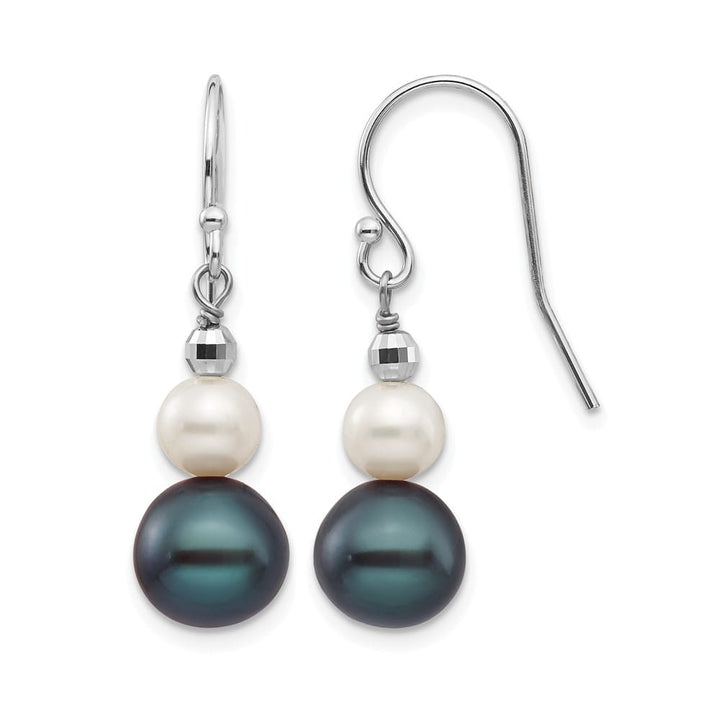 14K White Gold 6-9mm Black and White Semi-round Freshwater Earrings