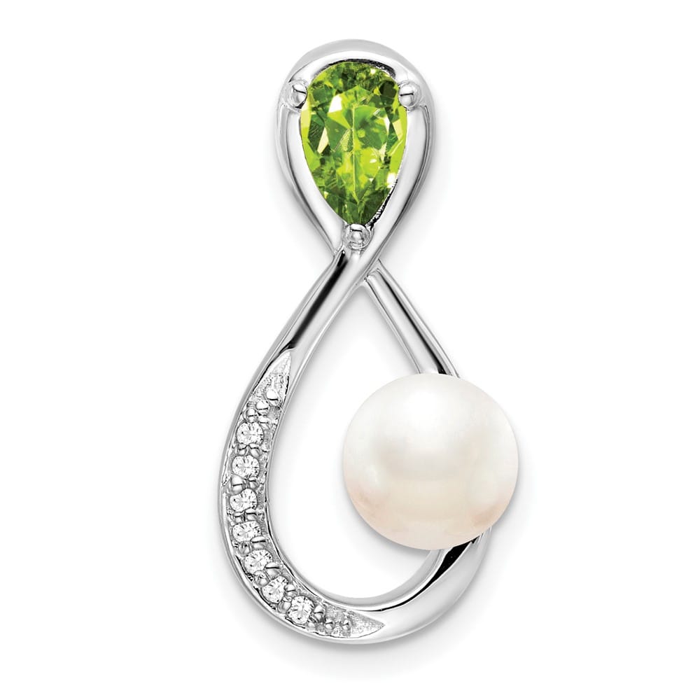 14K White Gold 6mm Freshwater Pearl and Peridot Infinity Chain Slide