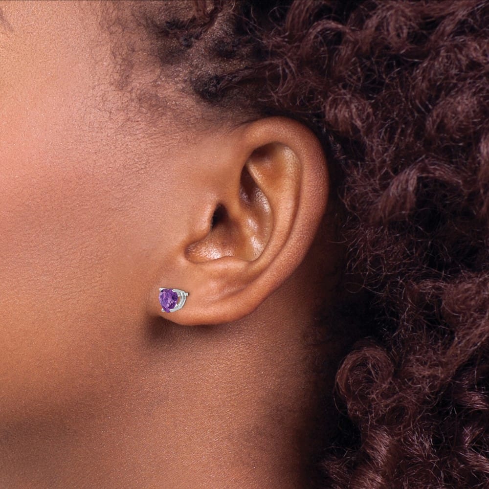 14K White Gold 6mm Heart Amethyst Post Earrings, view 3 of 4