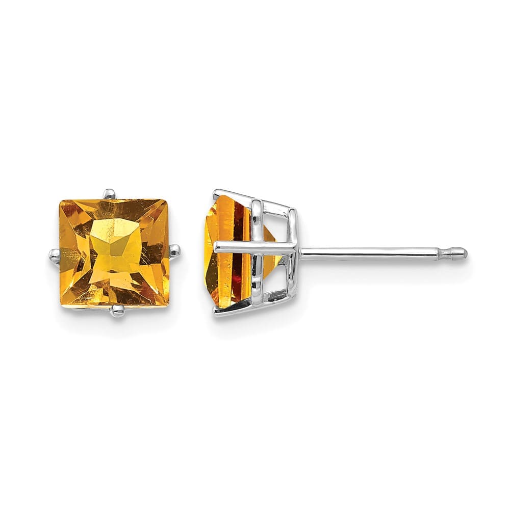 14K White Gold 6mm Princess-cut Citrine Post Earrings, view 1 of 4