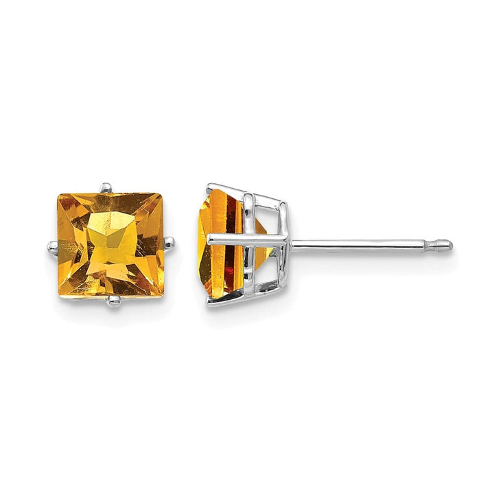 14K White Gold 6mm Princess-cut Citrine Post Earrings, view 1 of 4
