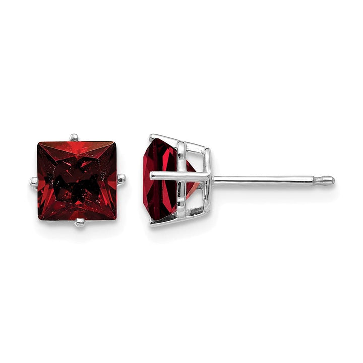 14K White Gold 6mm Princess-cut Garnet Post Earrings, view 1 of 4