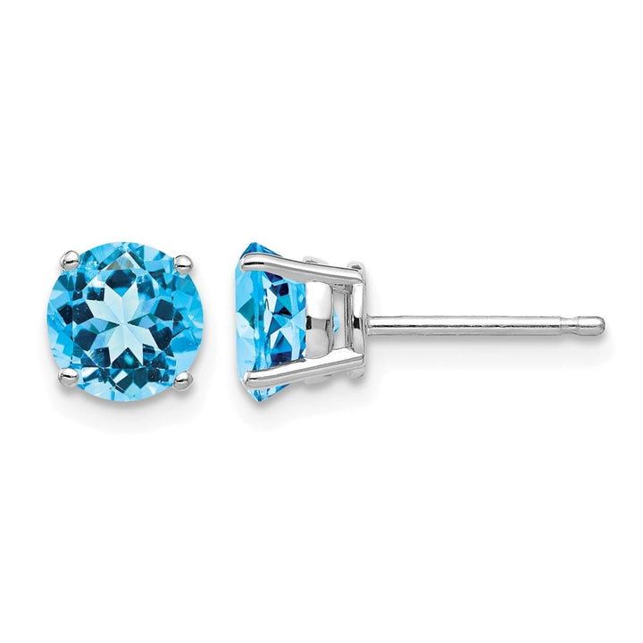 14K White Gold 6mm Round Blue Topaz Post Earrings, view 1 of 4