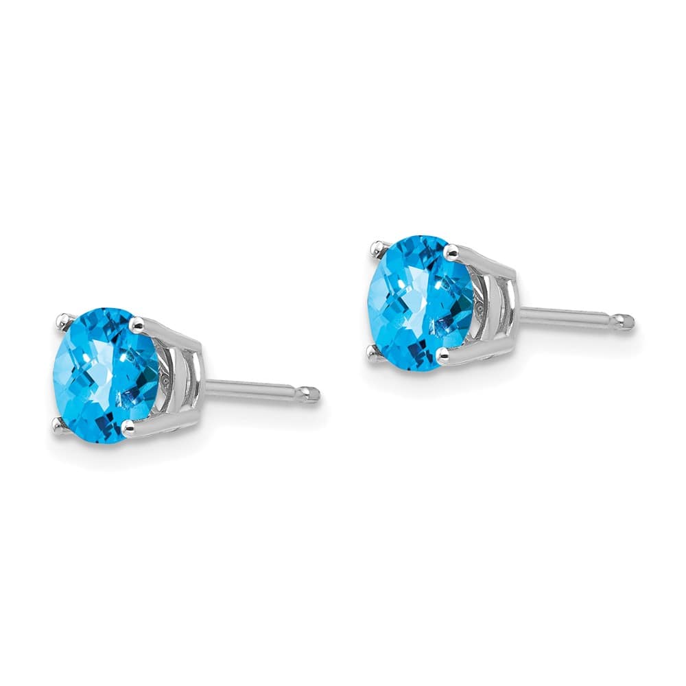 14K White Gold 6mm Round Checker-cut Blue Topaz Post Earrings, view 2 of 4