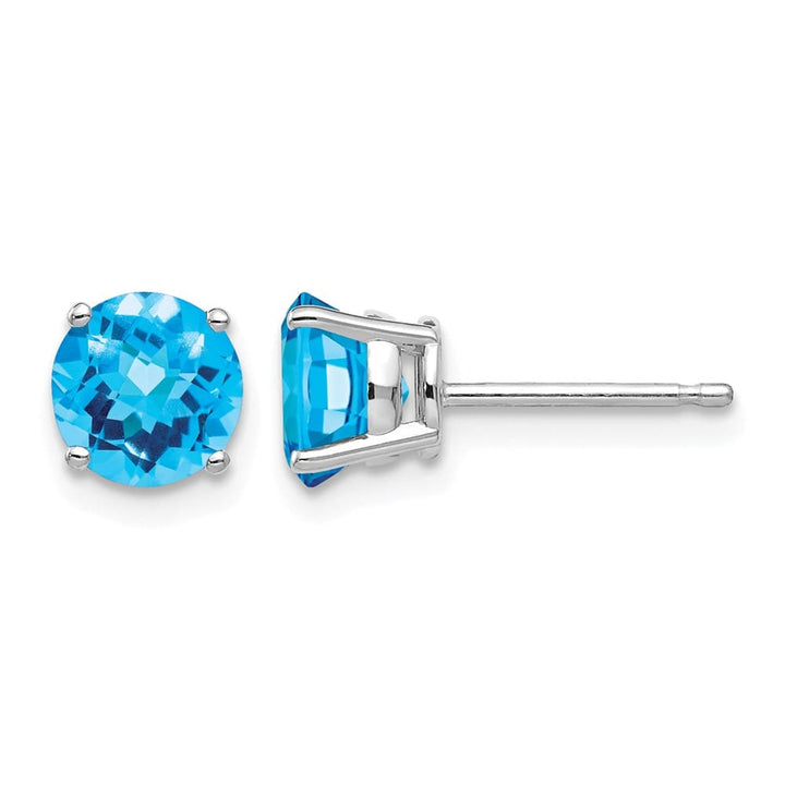 14K White Gold 6mm Round Checker-cut Blue Topaz Post Earrings, view 1 of 4