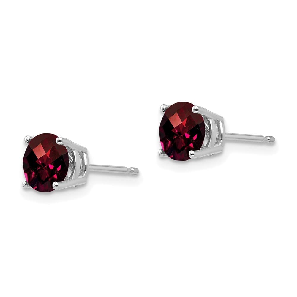 14K White Gold 6mm Round Checker-cut Garnet Post Earrings, view 2 of 4