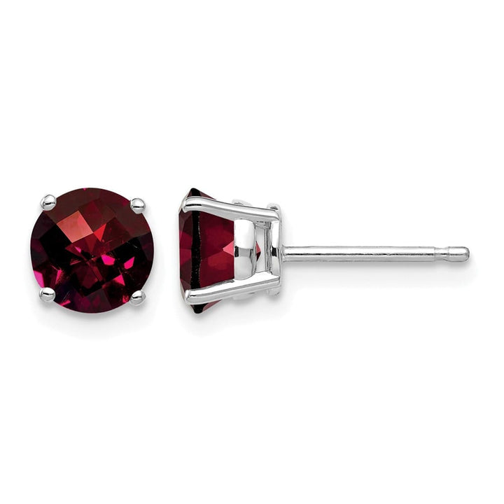 14K White Gold 6mm Round Checker-cut Garnet Post Earrings, view 1 of 4