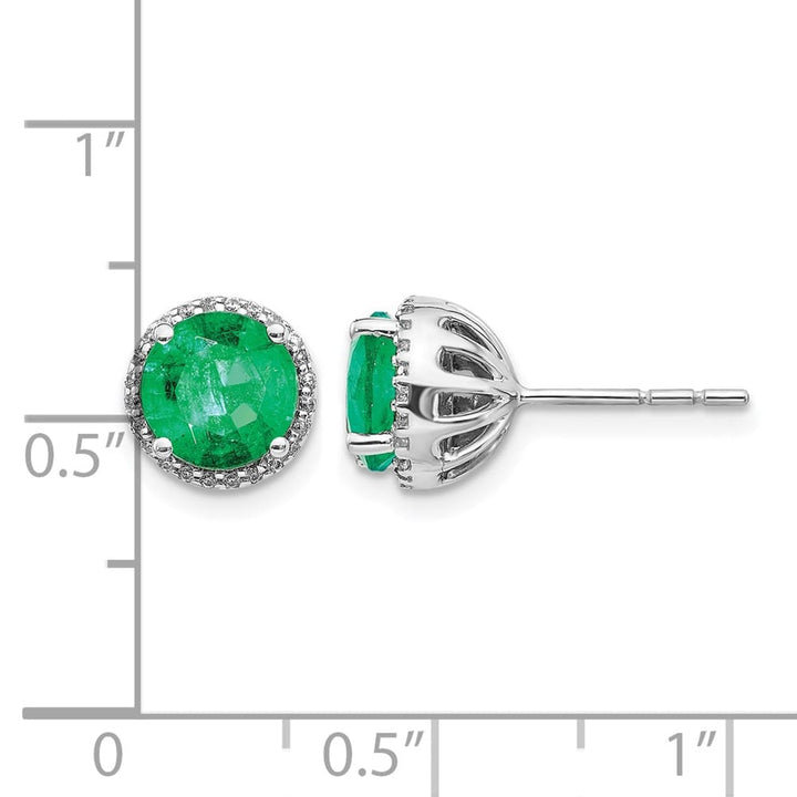 14K White Gold 6mm Round Emerald and Diamond Halo Post Earrings, view 4 of 4