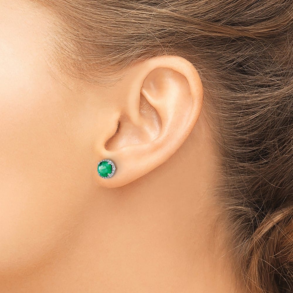 14K White Gold 6mm Round Emerald and Diamond Halo Post Earrings, view 3 of 4