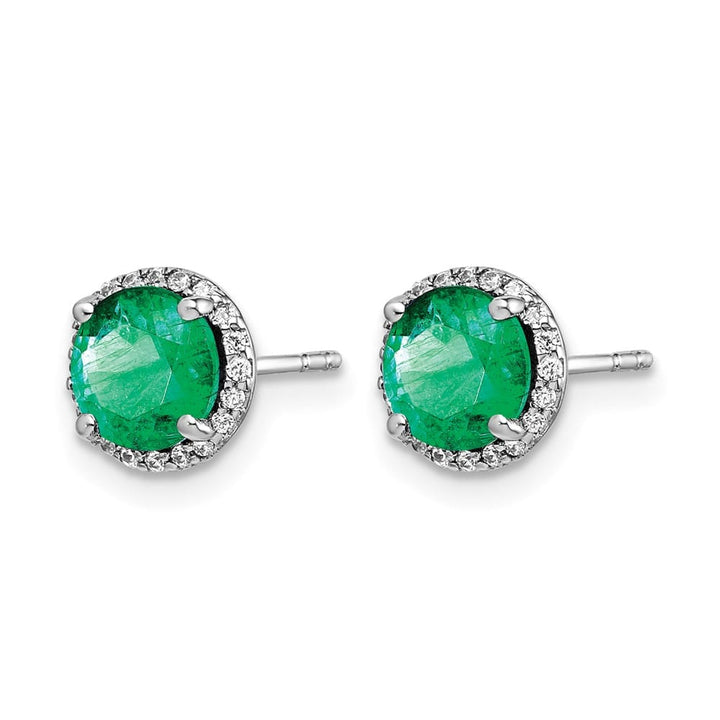 14K White Gold 6mm Round Emerald and Diamond Halo Post Earrings, view 2 of 4
