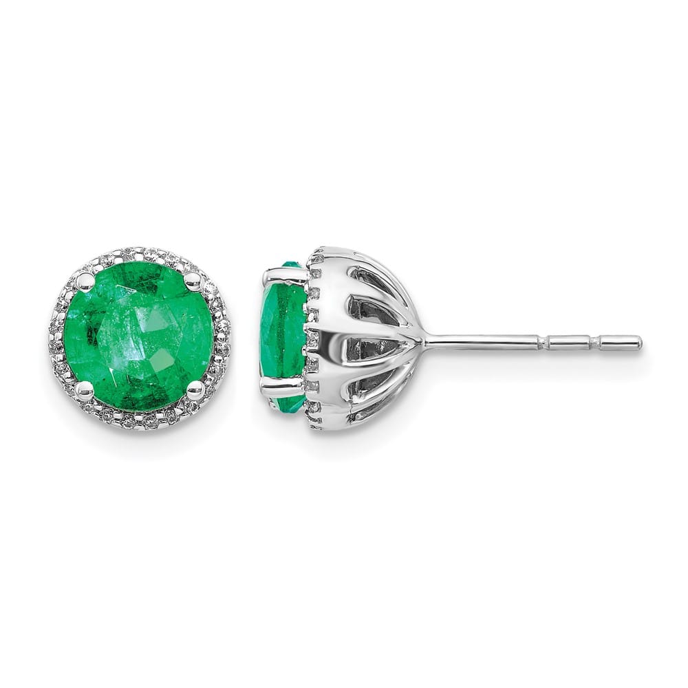 14K White Gold 6mm Round Emerald and Diamond Halo Post Earrings, view 1 of 4