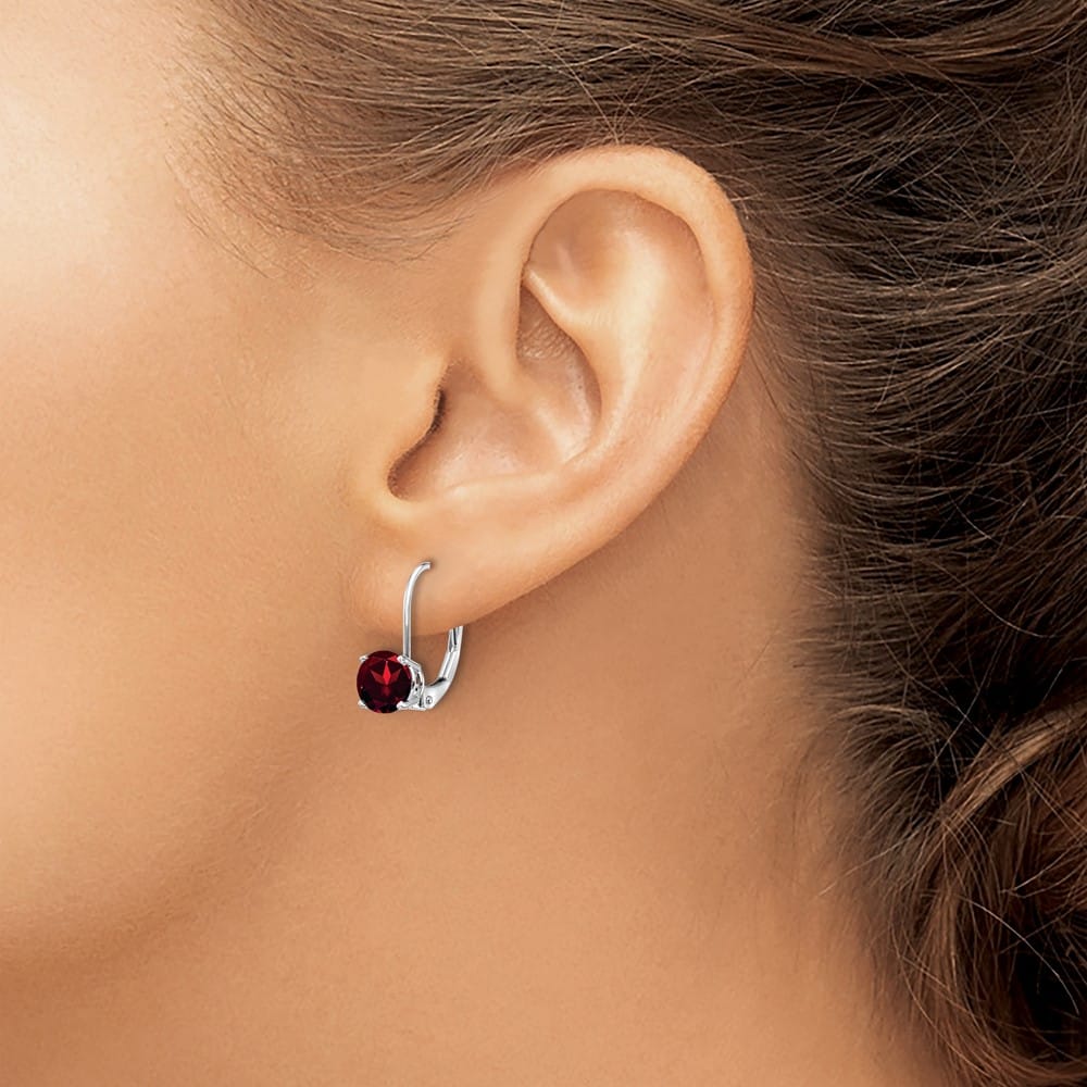 14K White Gold 6mm Round Leverback Earrings, Garnet, view 7 of 8