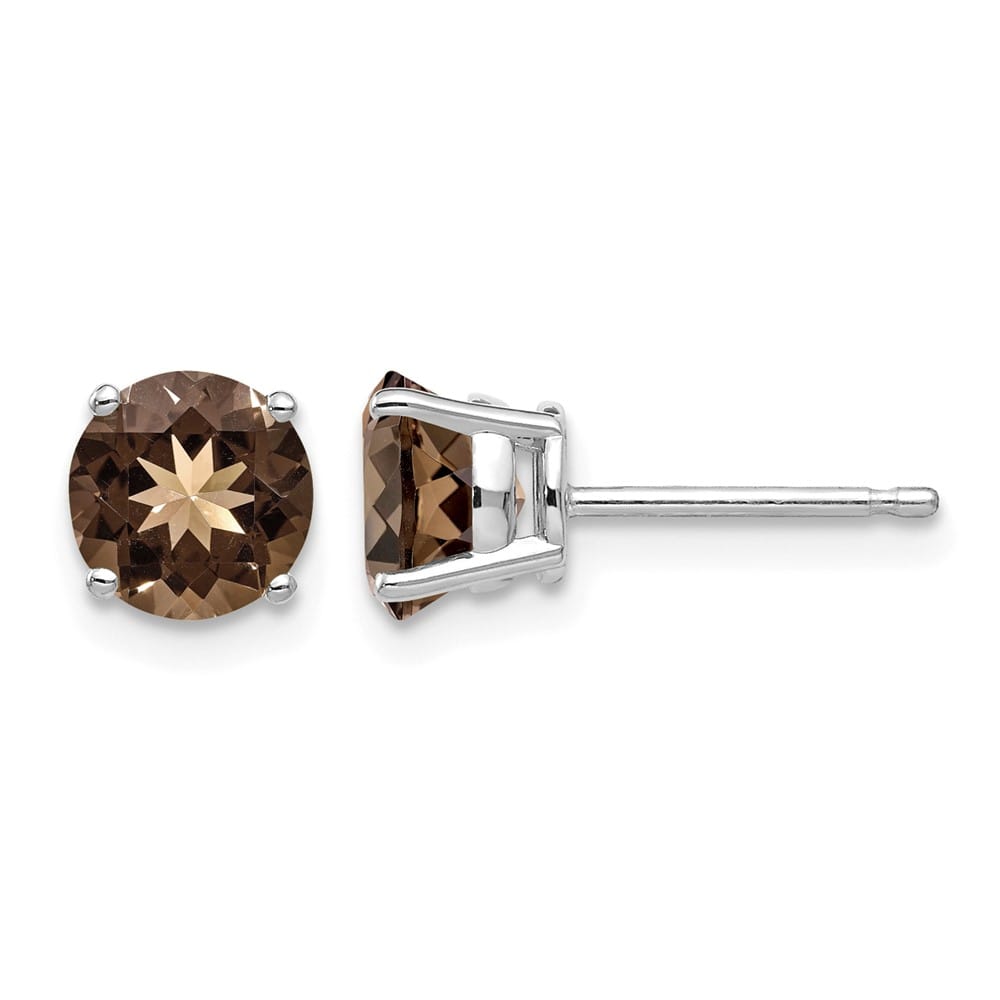14K White Gold 6mm Round Smoky Quartz Post Earrings, view 1 of 4