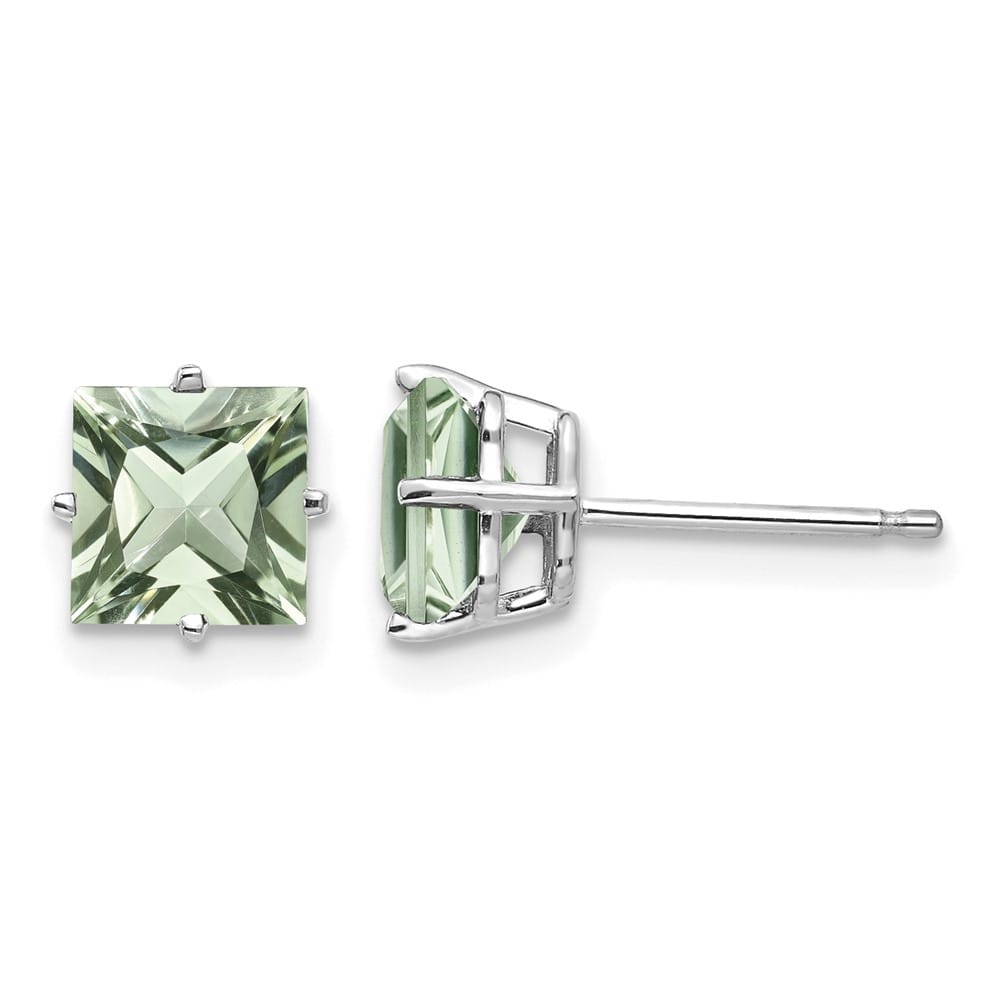 14K White Gold 6mm Square Green Quartz Post Earrings, view 1 of 4