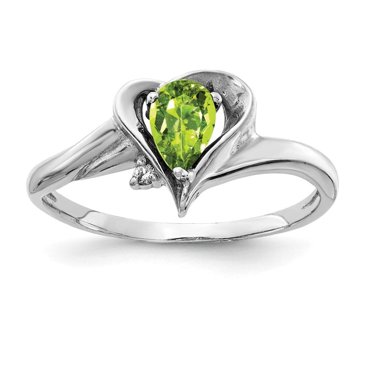 14k White Gold 6x4 mm Pear Peridot and Diamond Ring
