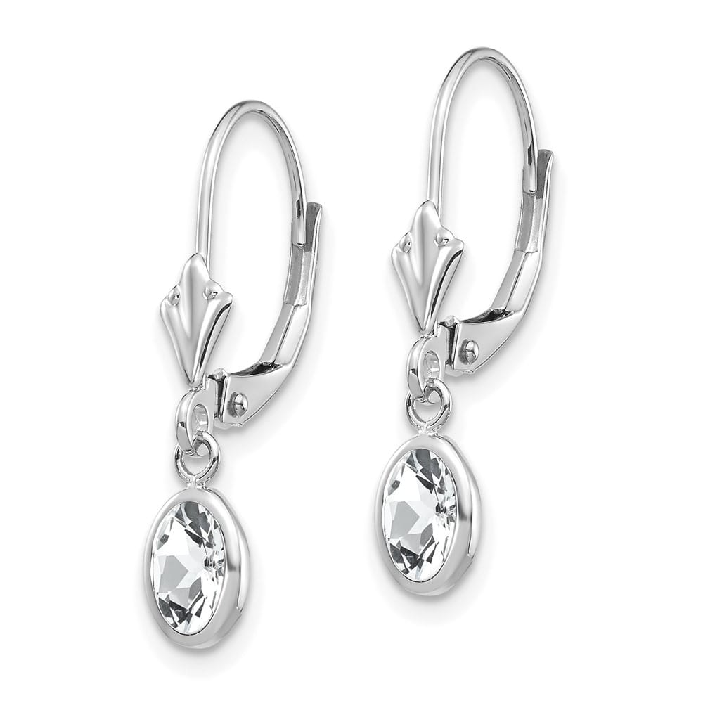 14K White Gold 6x4 Oval Bezel April/White Topaz Leverback Earrings, view 2 of 4