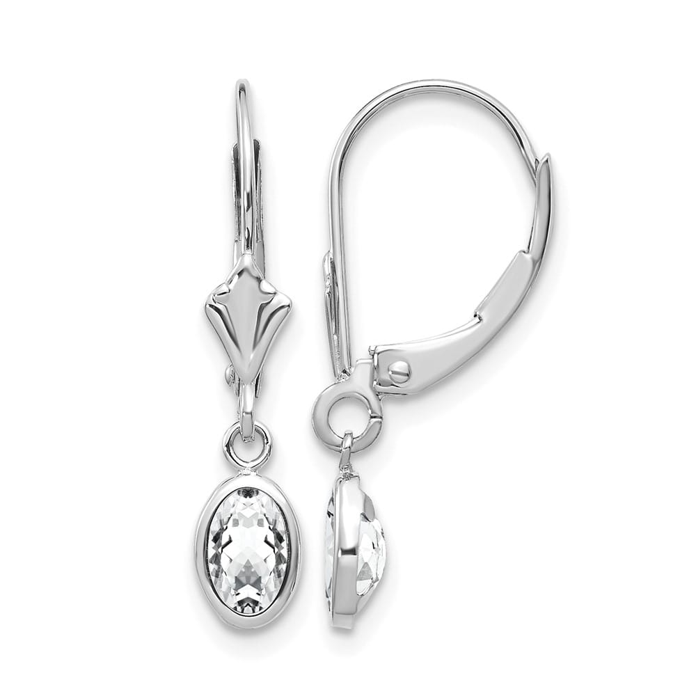 14K White Gold 6x4 Oval Bezel April/White Topaz Leverback Earrings, view 1 of 4