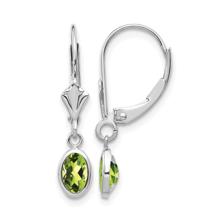 14K White Gold 6x4 Oval Bezel August/Peridot Leverback Earrings, view 1 of 4