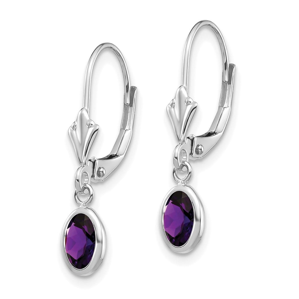 14K White Gold 6x4 Oval Bezel February/Amethyst Leverback Earrings, view 2 of 4
