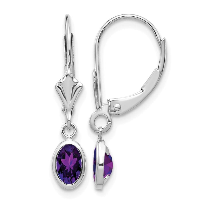 14K White Gold 6x4 Oval Bezel February/Amethyst Leverback Earrings, view 1 of 4